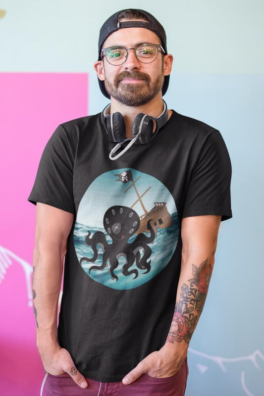 man wearing the Happy Kraken men's pirate themed t-shirt for Father's Day