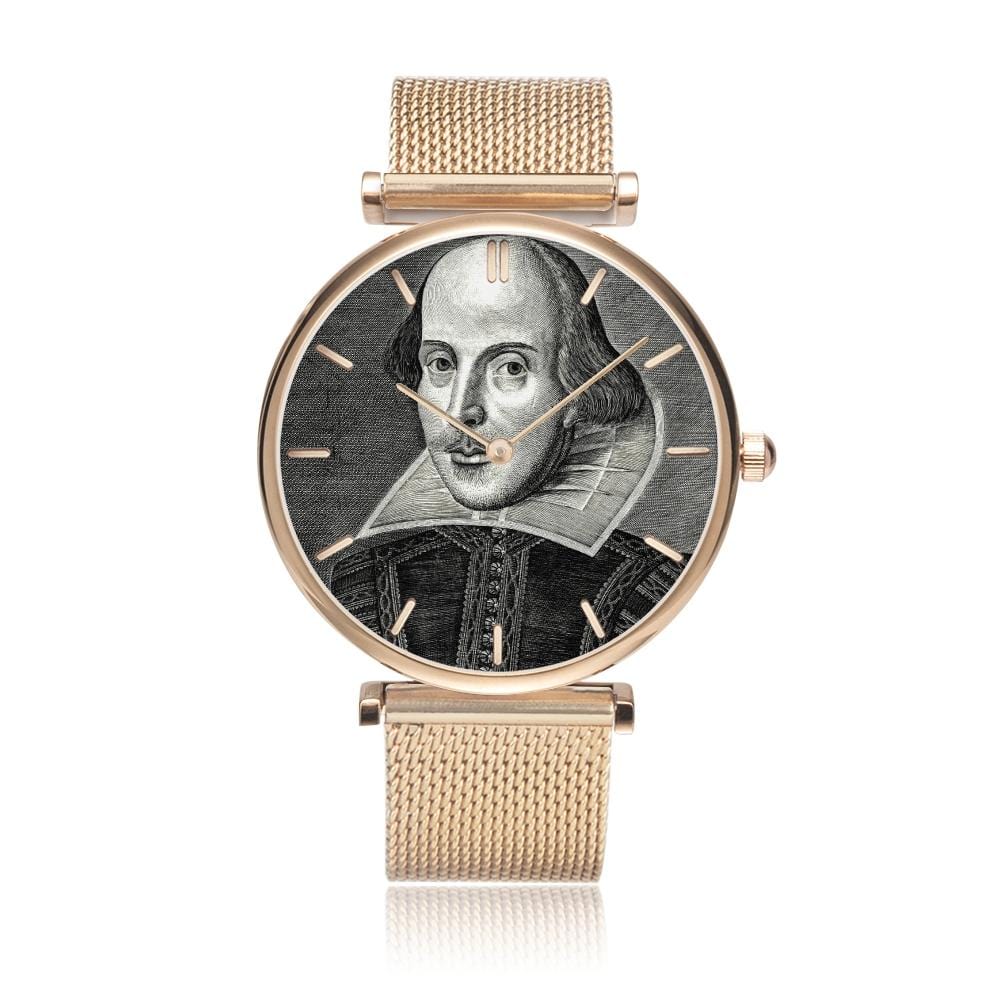 front on view of the rose gold Shakespeare image watch with 5 minute indicators