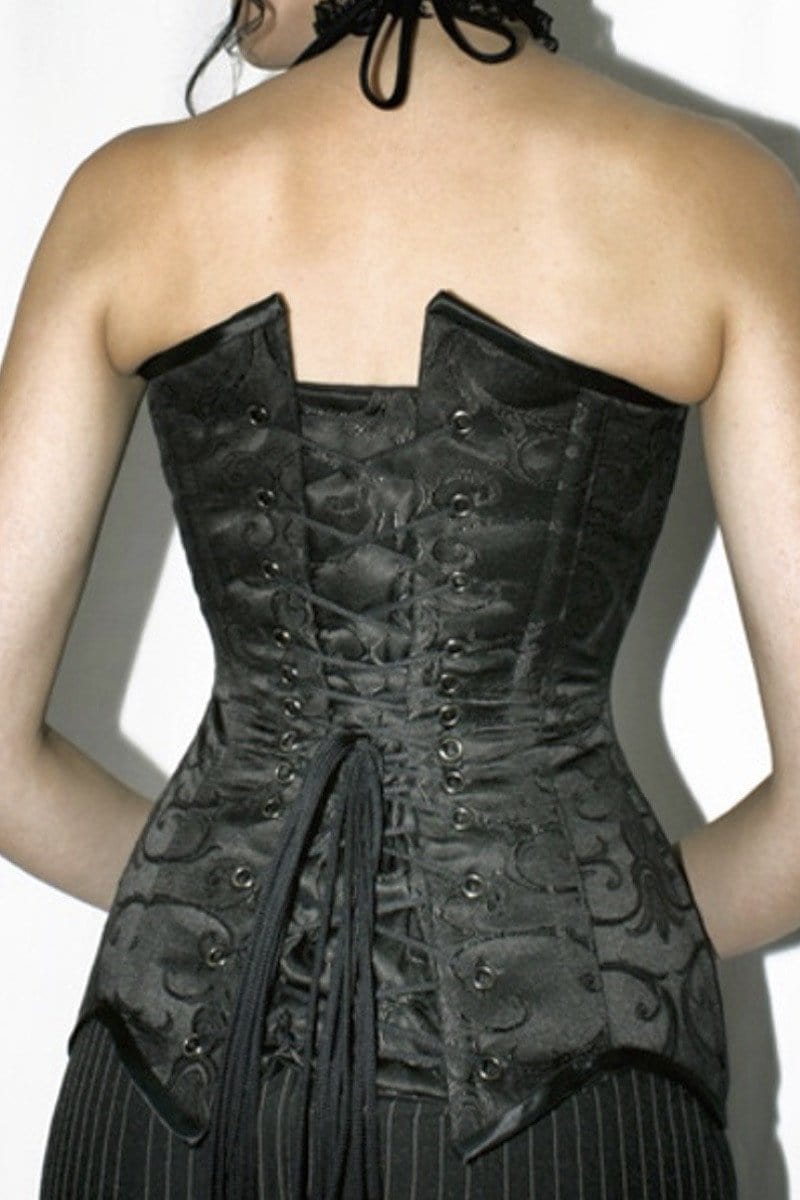 back view of the Over bust steel boned La Viola corset made in Australia from baroque patterned brocade by Gallery Serpentine