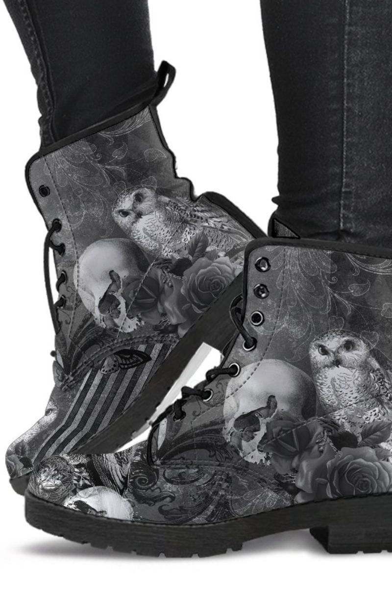 vegan boots printed with gothic animals - owl, raven, skull