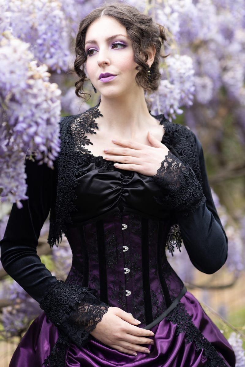 close up on the Majestica gothic black velvet braid trimmed bolero for victorian or gothic clothing at Gallery Serpentine