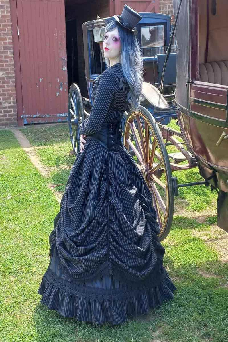 side back of the Gothic Victorian Pinstripe Wedding Dress Corset Gown