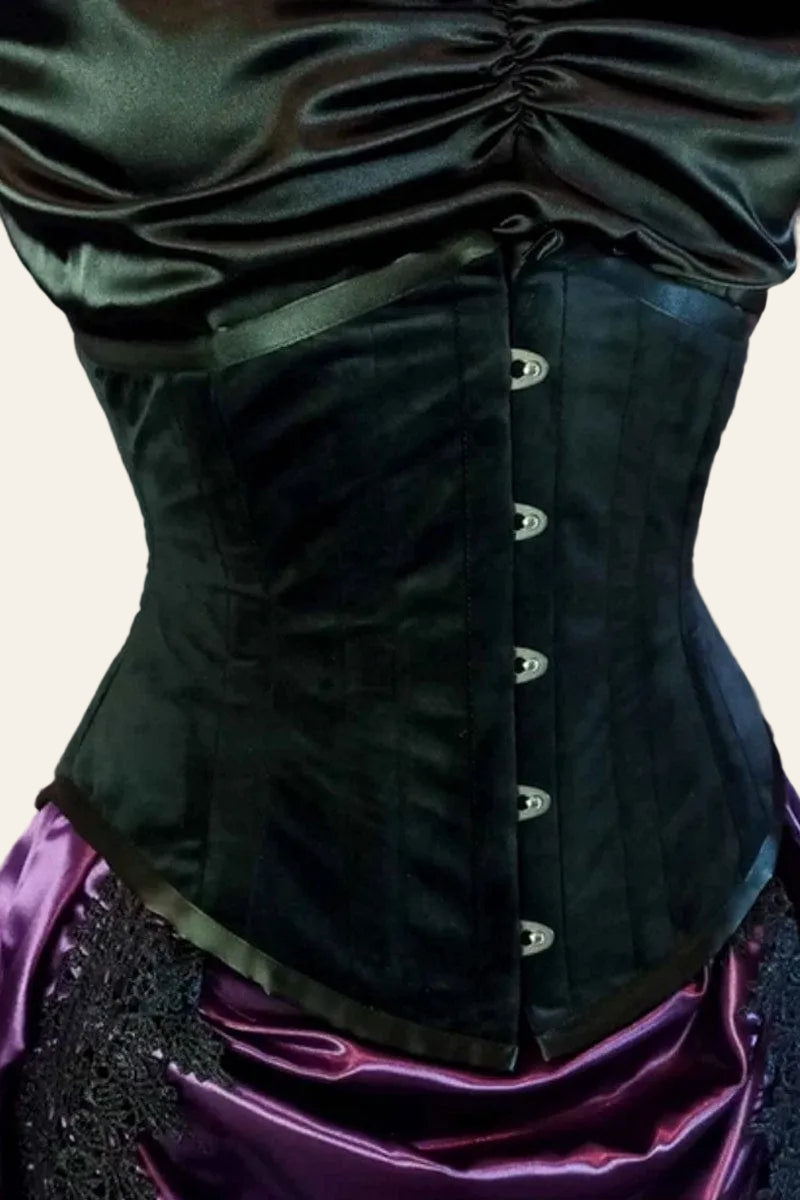 Australian made steel boned black velvet gothic under bust corset, customm sized by Gallery Serpentine