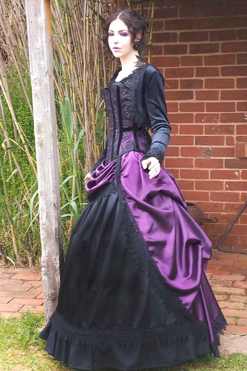 side view of gothic amethyst satin over bust corset gown for gothic weddings or proms
