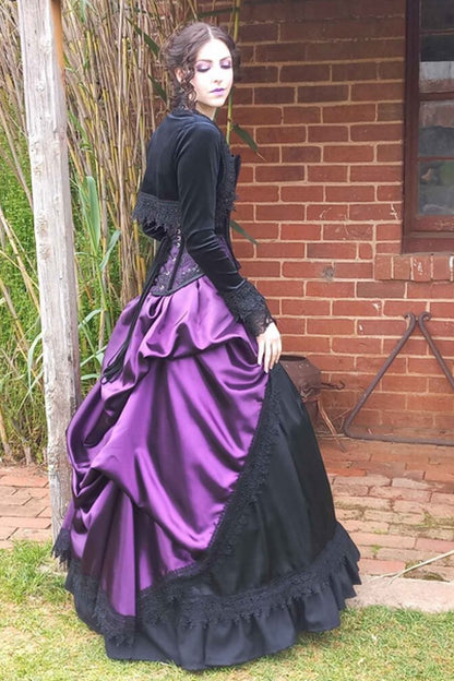 Side view showing the draping in the amethyst satin over skirt of the gothic wedding dress or prom gown made in Australia Gallery Serpentine