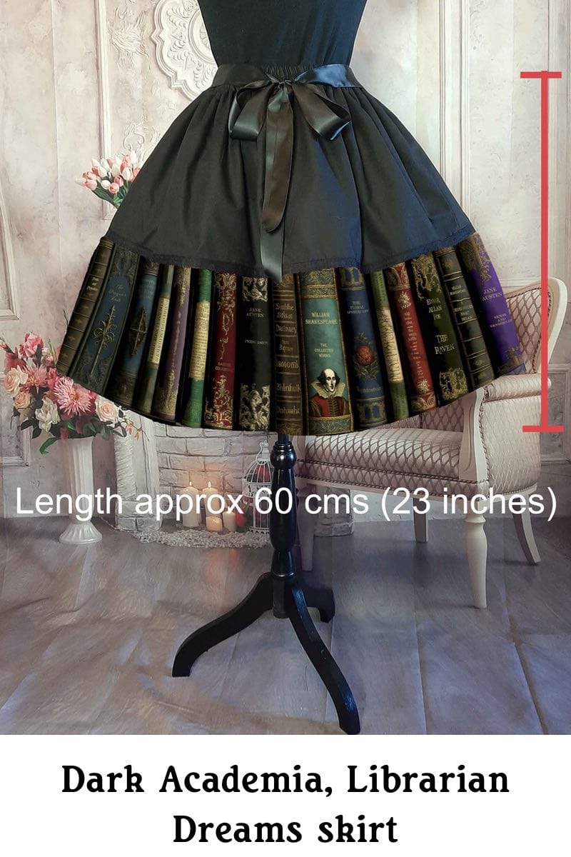 Dark Academia themed midi length full skirt made from black polycotton with a print of famous classic works of fiction, showing the spines of the books, colours are dark greens, dark reds, blacks and gold with the length of the skirt shown on the photo of 60cm