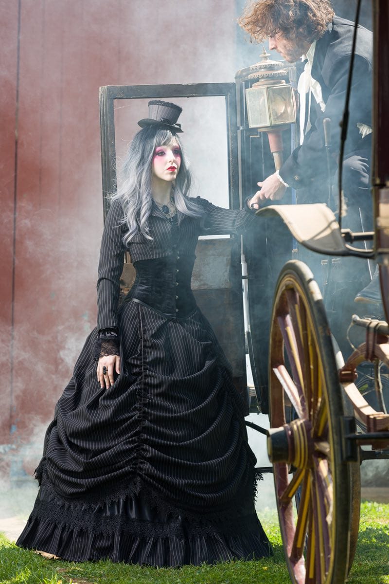 gothic victorian wedding dress in pinstripe
