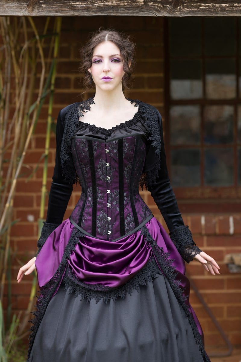 Florencia gothic model in Pandora over bust corset australian made to measure in amethyst satin and black lace