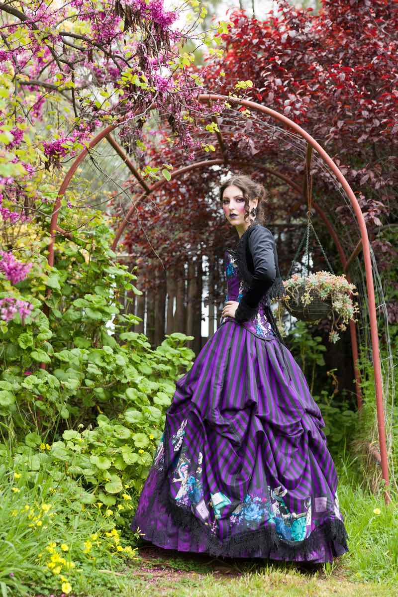 custom sized and made purple and black striped Alice in Wonderland corset gown