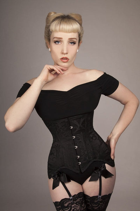 black baroque brocade custom made to measurements Australian made long line under bust victorian corset