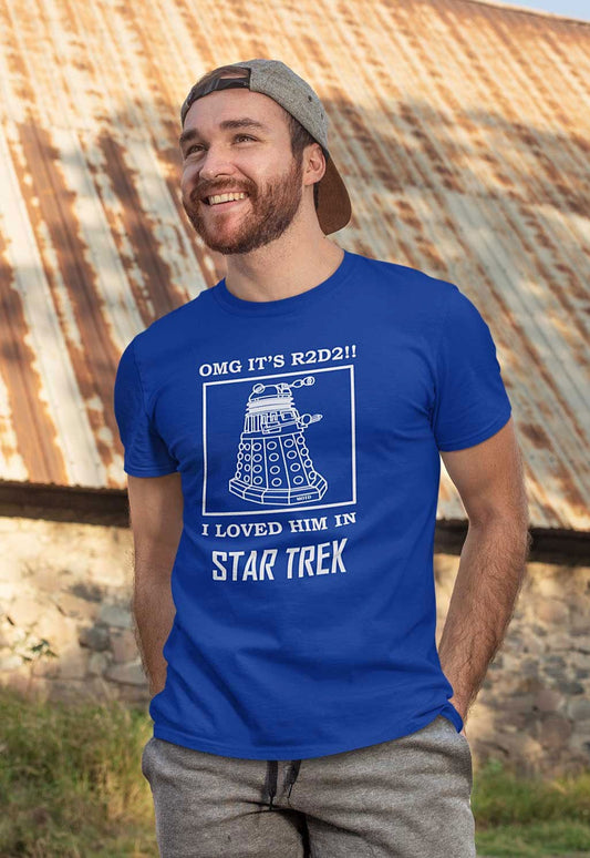 Smiling Gerard the confused science fiction fan wearing the Blue Confusion meme tee for men featuring Star Trek, Dalek & R2D2