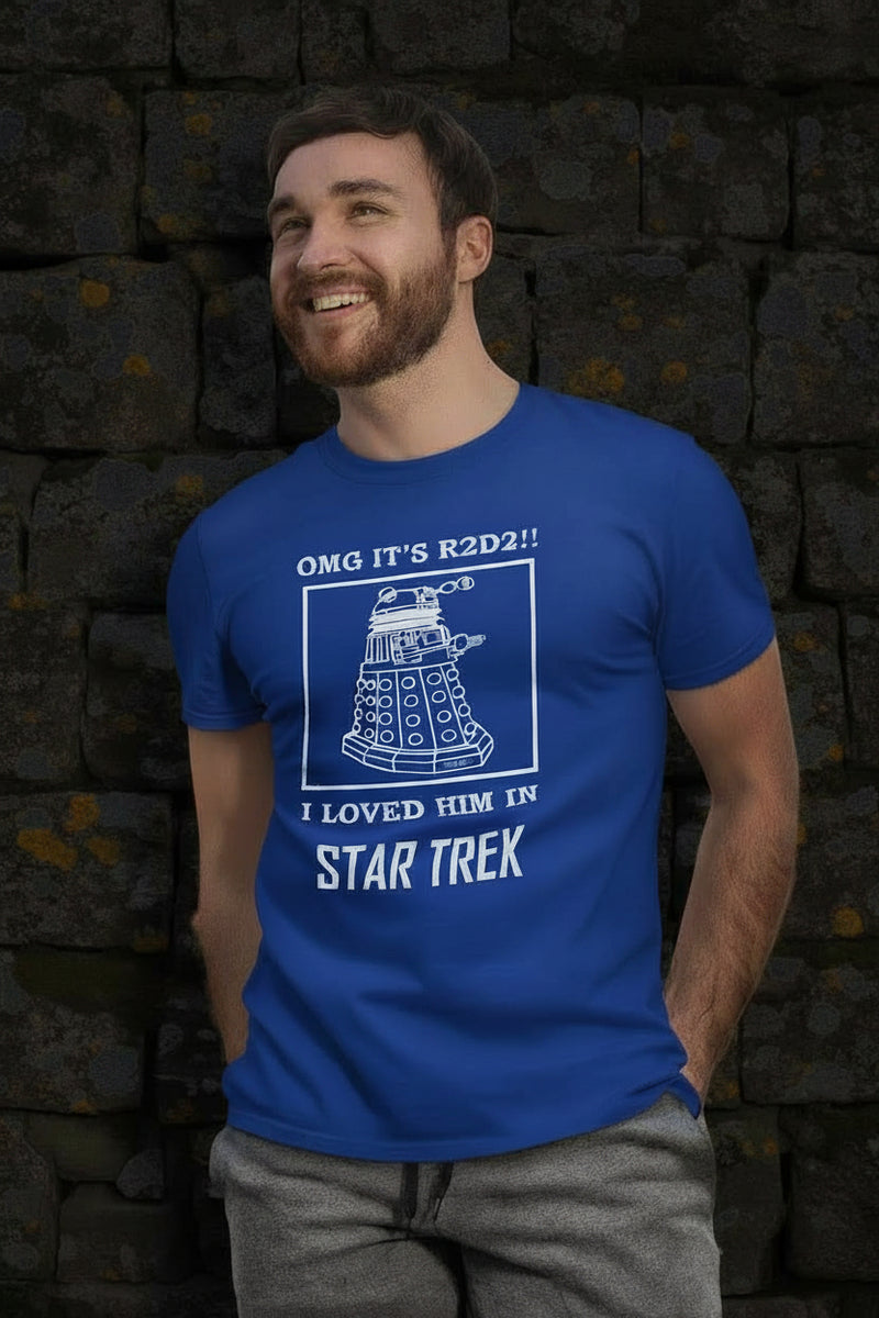 Smiling Gerard the confused science fiction fan wearing the Blue Confusion meme tee for men featuring Star Trek, Dalek & R2D2