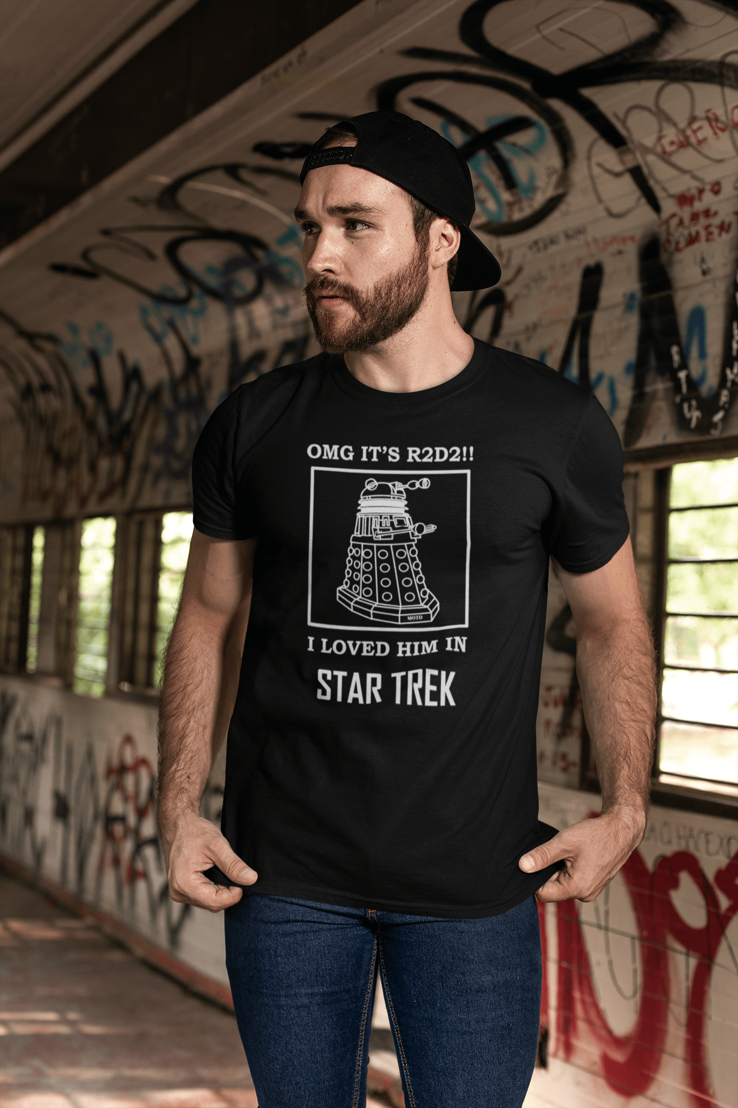 Men s funny Dalek R2D2 Star Trek movie reference meme t shirt AS