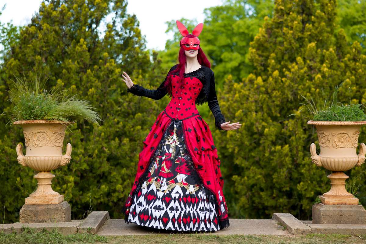 ruched and draped over skirt of the red black and white Alice in Wonderland Queen of Hearts victorian corset gown wedding dress made in Australia