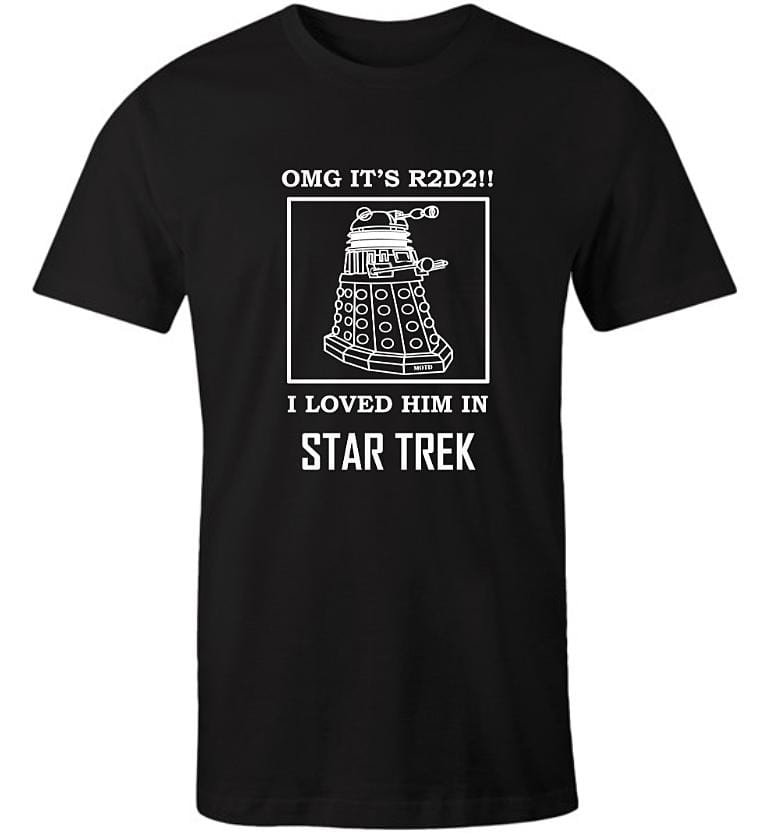 black men's AS tshirt printed with a funny sci-fi meme featuring a Dalek Star Trek and R2D2