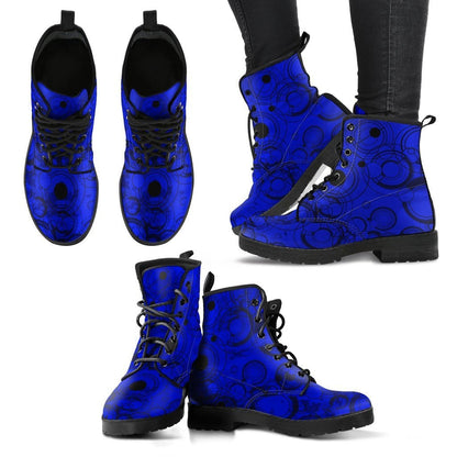 multiple views showing all angles of the blue Dr Who boots for women