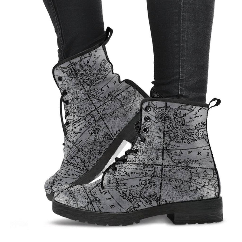 Vintage Explorer's Map, Vegan Women's Boots, FREE Shipping