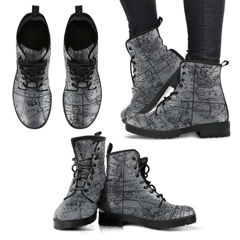 Vintage Explorer's Map, Vegan Women's Boots, FREE Shipping