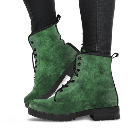 Vegan activist walking in the Men's green grunge gothic vegan leather combat boots