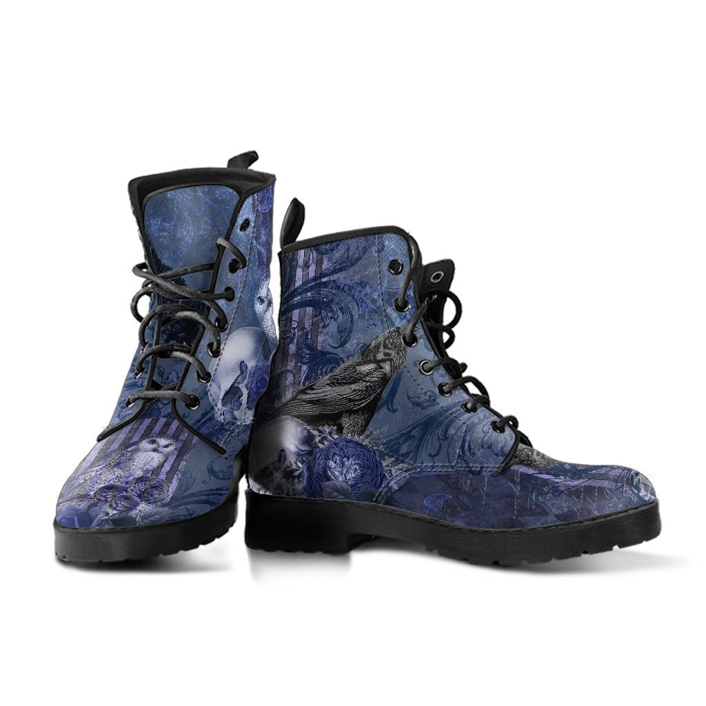 pair of the gothic owl raven skull blue memento vegan boots