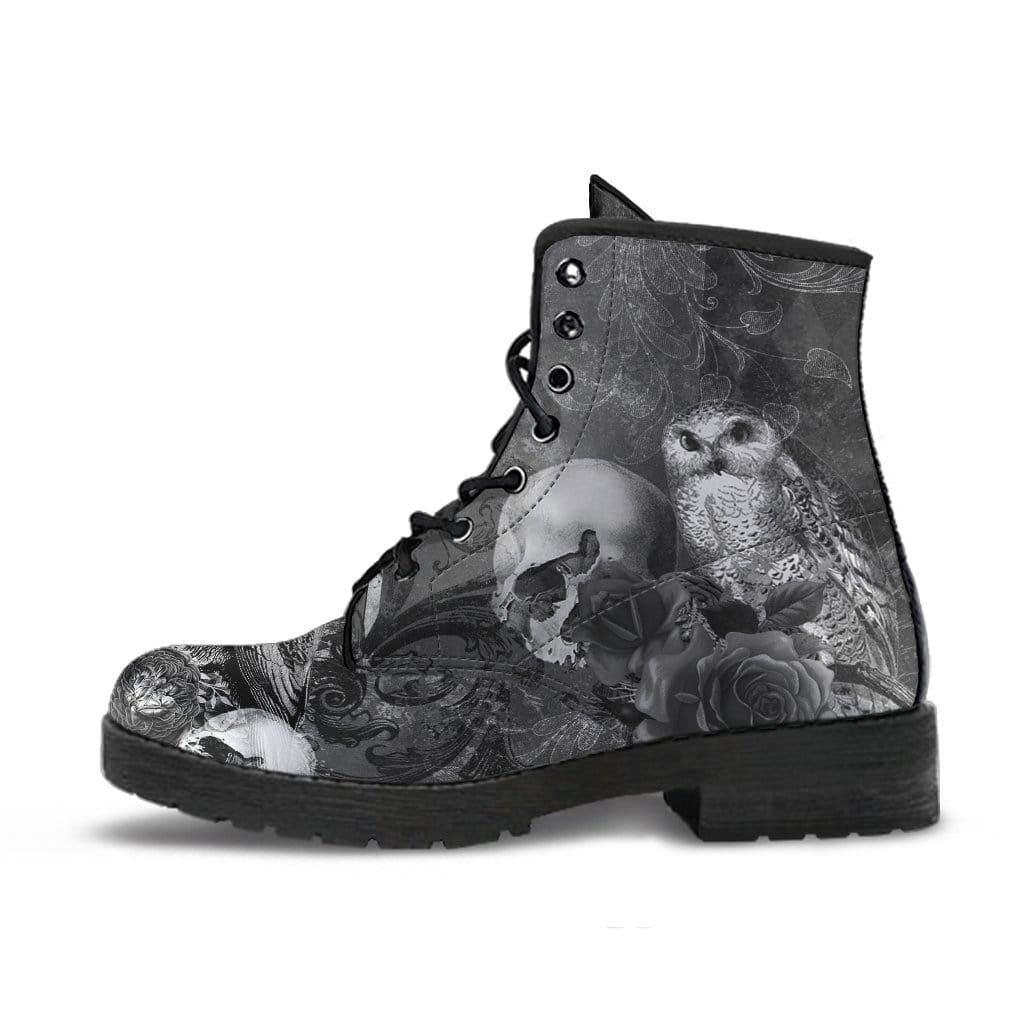 side view of the vegan boots printed with gothic animals - owl, raven, skull