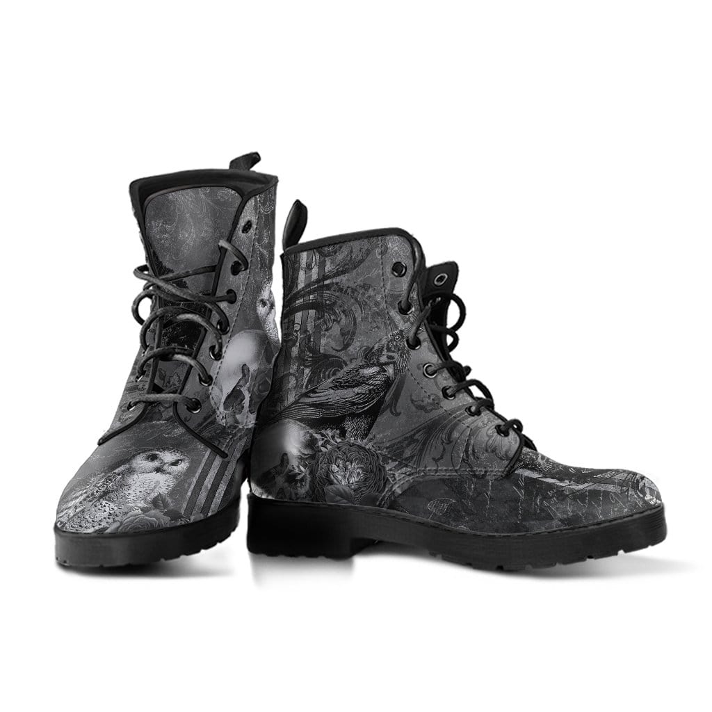 pair of the gothic grey vegan boots printed with gothic animals - owl, raven, skull