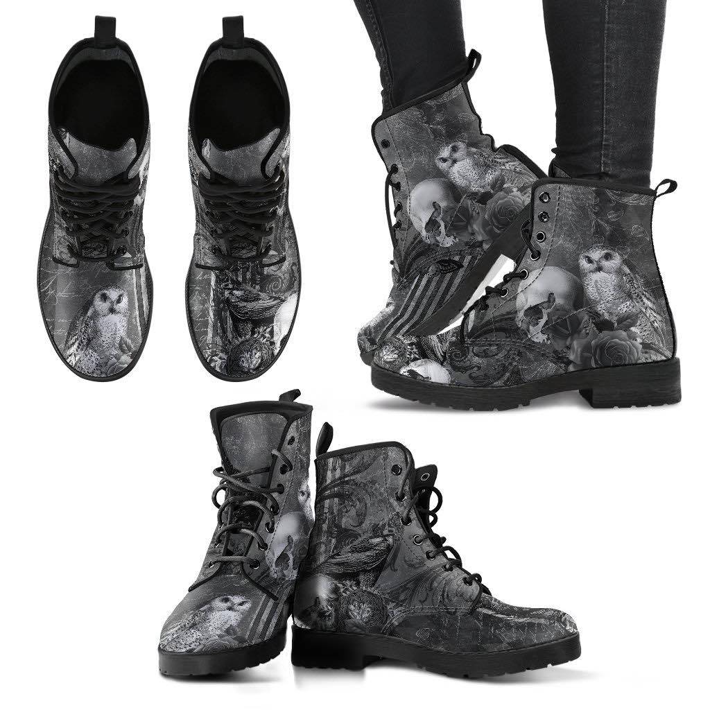 top front and side views of the vegan boots printed with gothic animals - owl, raven, skull
