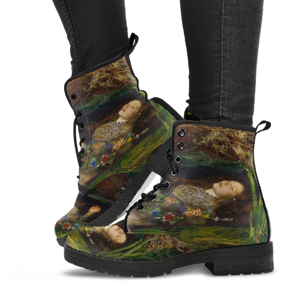 Ophelia famous pre-raphaelite painting by John Everett Millais on a pair of vegan women's boots being walked in