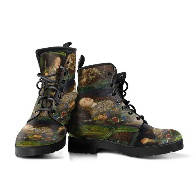 Ophelia, famous pre-raphaelite painting by John Everett Millais on a pair of unworn vegan women's boots