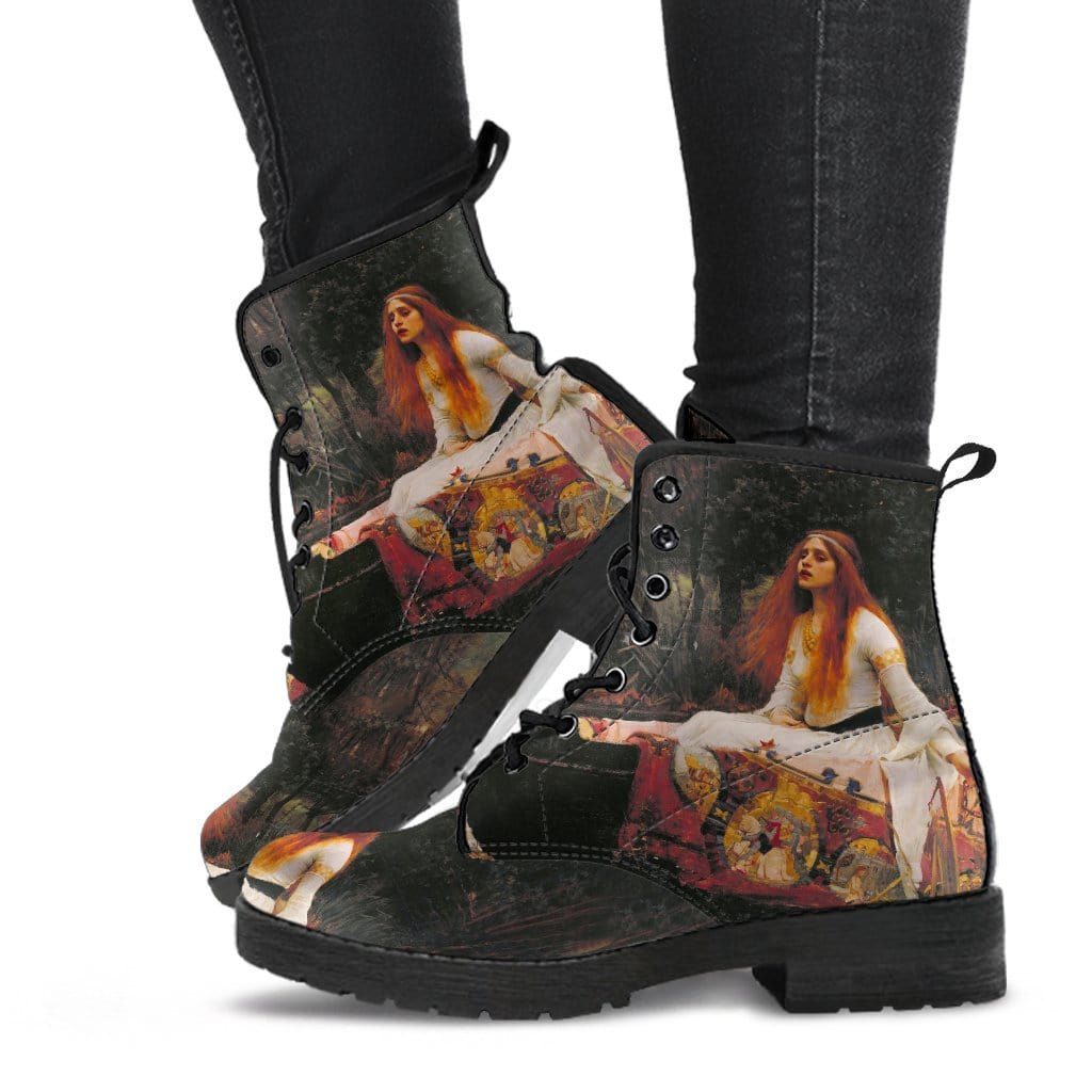 pair of legs walking in the pre-raphaelite art boots, custom printed vegan leather women's boots
