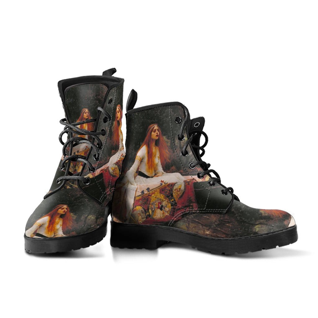 pair of unworn lady of shalott pre-raphaelite art boots, custom printed vegan leather women's boots
