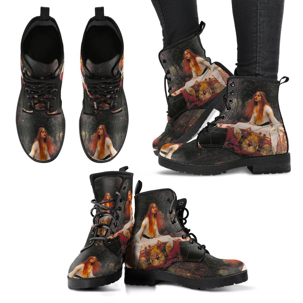 top side front views of the Lady of Shalott artwork on the pre-raphaelite art boots, custom printed vegan leather women's boots