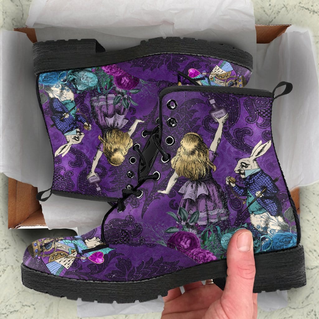 unboxing when receiving the alice in wonderland and white rabbit on purple damask background vegan boots as a gift