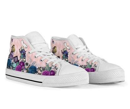 front toe view of the Soft pink Alice in Wonderland high top sneakers