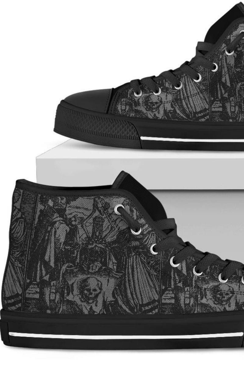 men's grey black high top canvas sneakers with Holbein woodcut Dance of Death