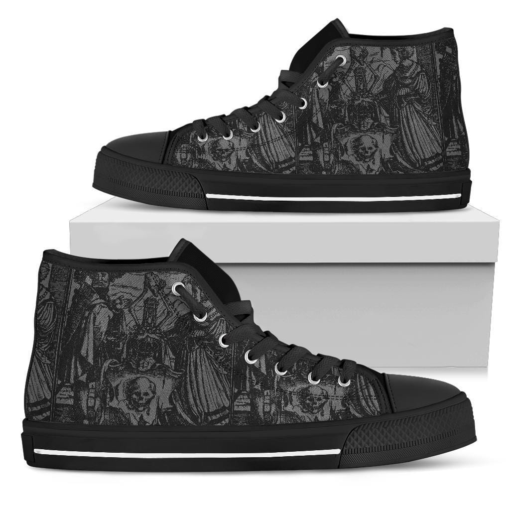 stacked view of the men's grey black high top canvas sneakers with Holbein woodcut Dance of Death on box they come in