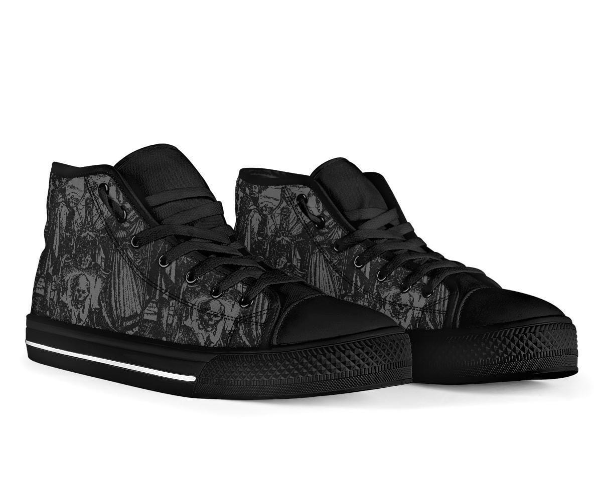 front view of the men's grey black high top canvas sneakers with Holbein woodcut Dance of Death
