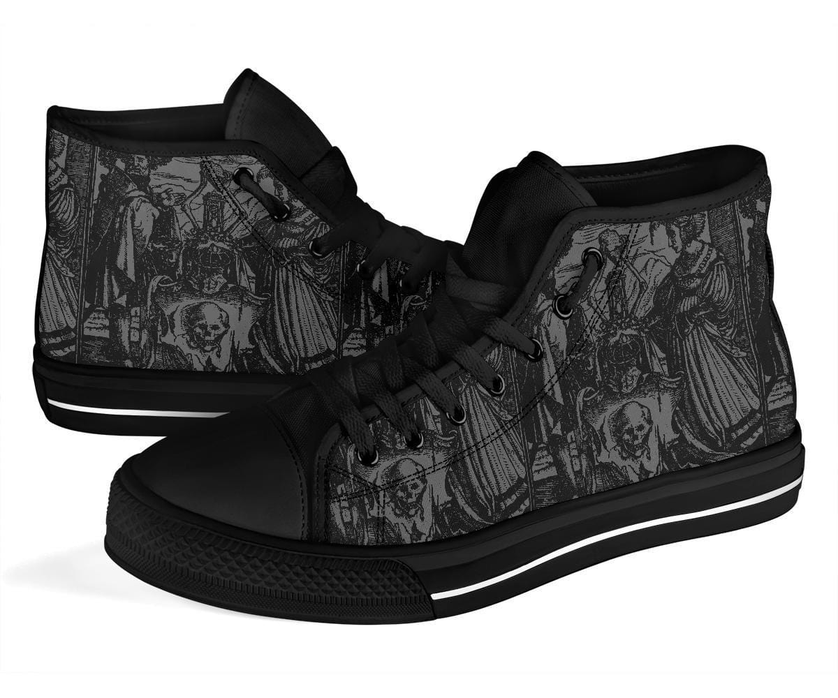 men's grey black high top canvas sneakers with Holbein woodcut Dance of Death side view