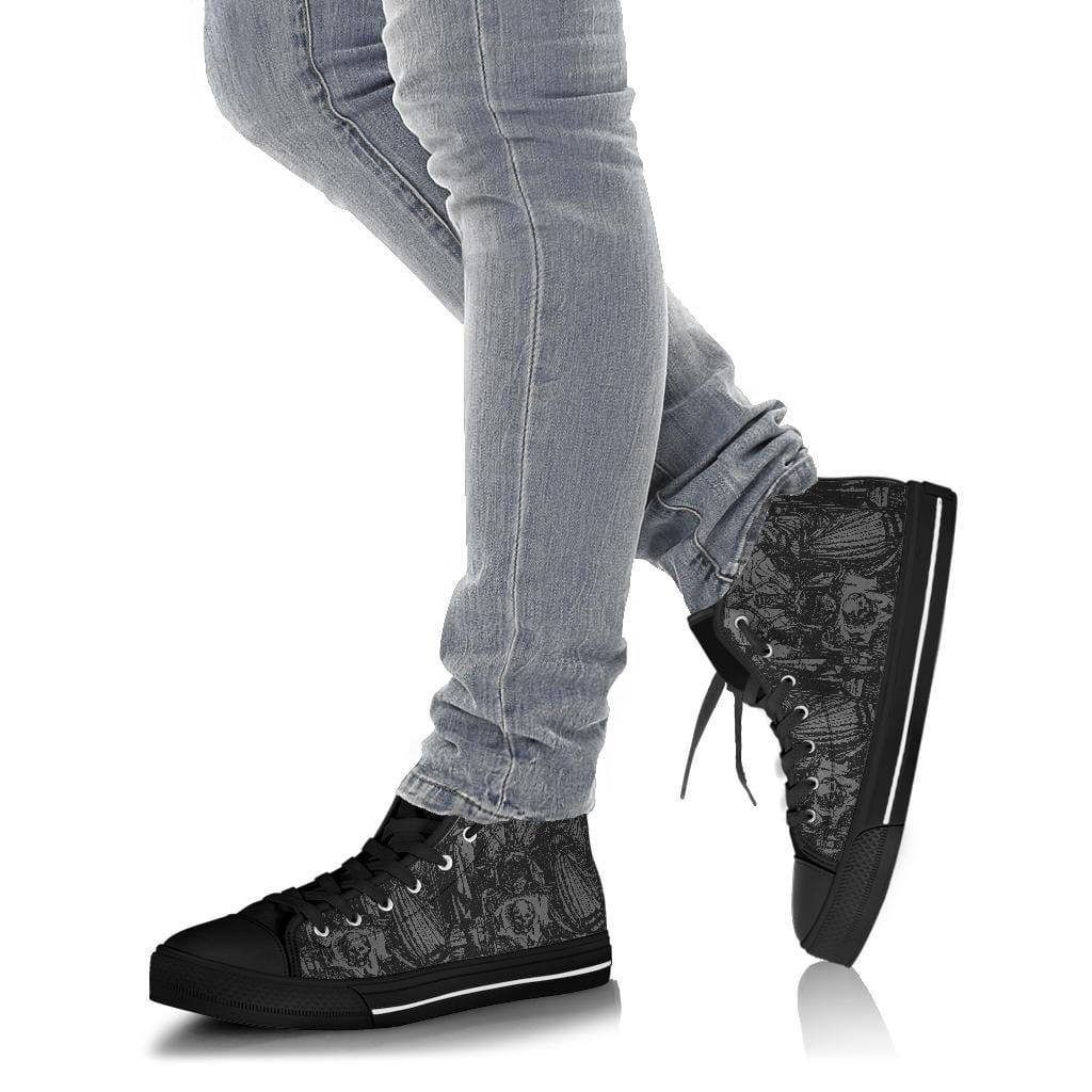 man walking in the men's grey black high top canvas sneakers with Holbein woodcut Dance of Death