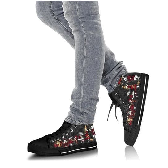 teen walking in the ALICE IN WONDERLAND WHITE RABBIT HI TOP BLACK RED GOLD SNEAKERS