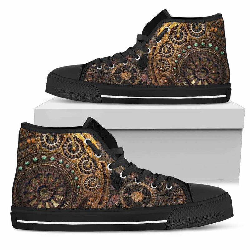 close up on the intricate steampunk cog detail on the steampunk clockwork sneakers