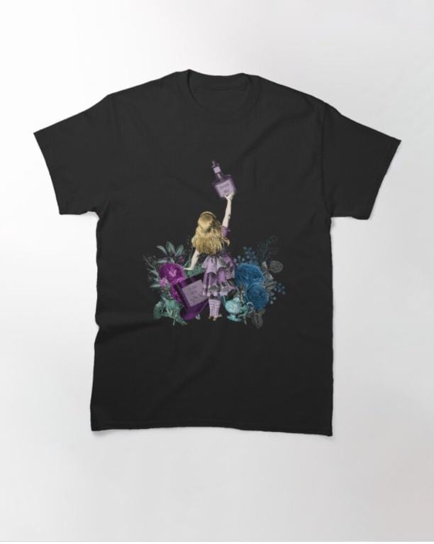 Alice in Wonderland night garden Drink Me graphic shown on a black t-shirt