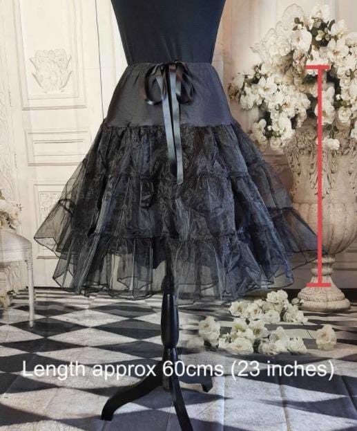 black tulle petticoat 60cm long adjustable up to 105cm waist with black satin ribbon tie at waist with length markings on image