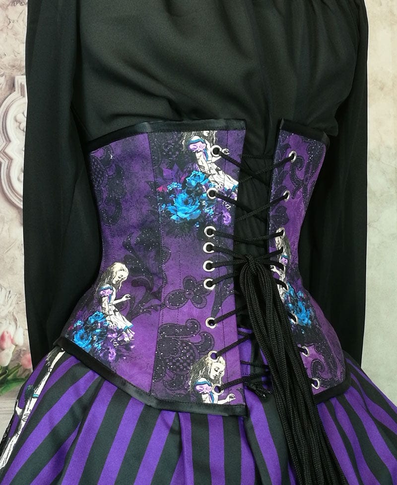 back view showing the lacing on the Alice in Wonderland purple corset