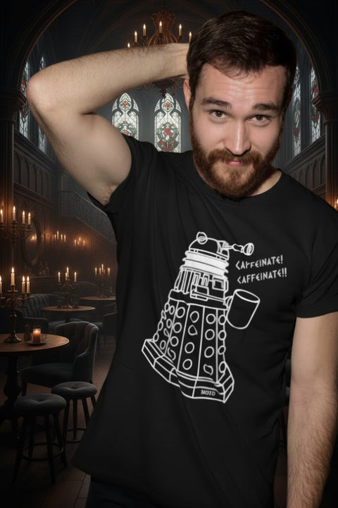 bearded craft brewer from Newtown Sydney wearing the new larger Dalek version of the Dr Who meme tshirt