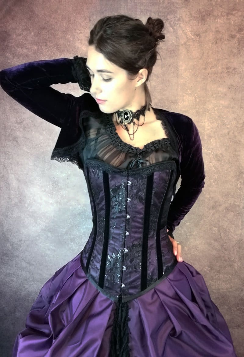 close up view on the over bust corset in the Amethyst Majestic gothic ball or wedding gown made in Australia to measurements by Gallery Serpentine