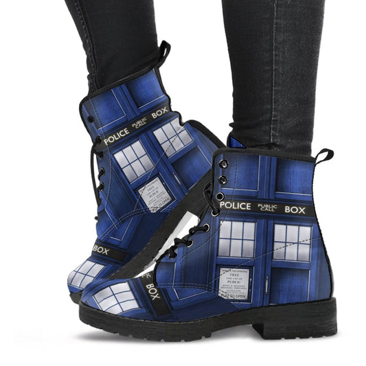 Dr Who Tardis printed combat vegan leather boots
