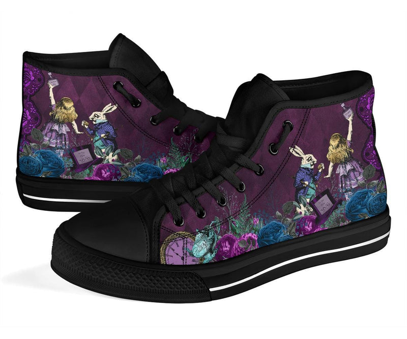 up close view of the purple Alice in Wonderland hi top sneakers at Gallery Serpentine