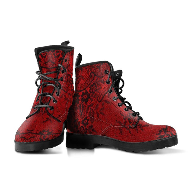 pair of gothic black lace printed on red vegan leather boots at Gallery Serpentine