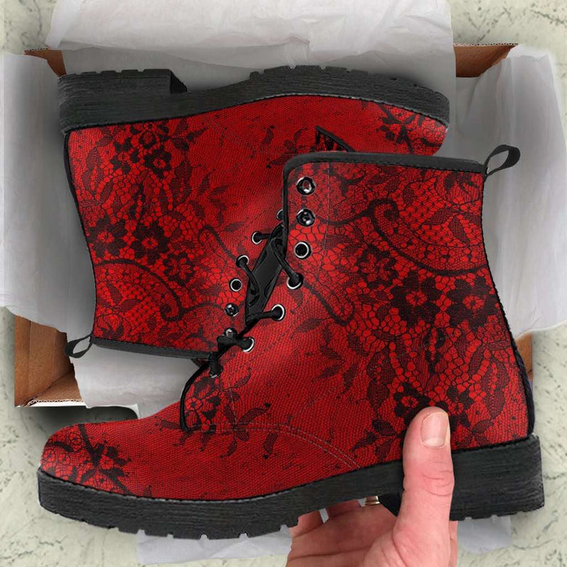 how the gothic black lace printed on red vegan leather boots at Gallery Serpentine look when they arrive